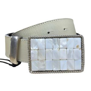 PRUNE Leather Belt Silver & Shell Buckle Cream Belt Coastal Beach Resort NEW
